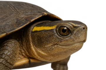 Turtle head close-up showing shell texture and distinctive yellow stripe, wildlife animal isolated transparent background