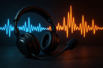 Dynamic audio equipment featuring a headphone with microphone and neon waveform backdrop conveying music production and broadcasting ambiance