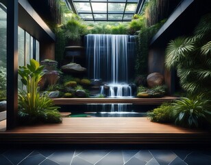 indoor waterfall garden lush greenery dark water modern design