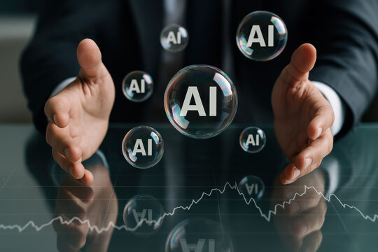 Conceptual showing hands around floating bubbles labeled AI symbolizing artificial intelligence innovation and growth in technology with financial graph reflections - Powered by Adobe