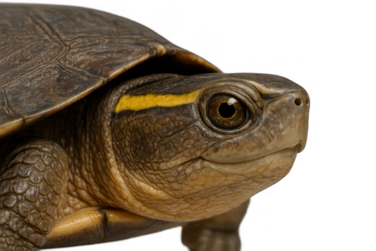 Turtle head close-up showing shell texture and distinctive yellow stripe, wildlife animal isolated transparent background - Powered by Adobe