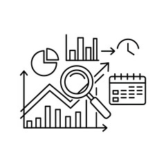 Business analytics and financial data analysis with magnifying glass, charts, and calendar