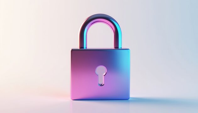 Shiny metallic padlock sits center against clean bright background. Secure symbol suggests data privacy encryption and cyber safety for digital access protection.