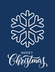 Vertical dark blue Christmas card template featuring a large, stylized white geometric snowflake centered above elegant white hand-lettered calligraphy that reads 
