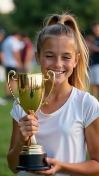A young girl proudly holds up her trophy in front of a cheering crowd