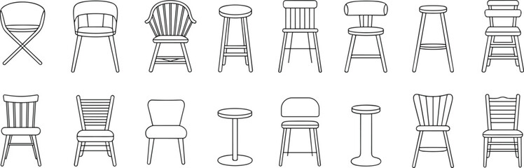 Chair and stool line icon set with varied backrests, legs, and seating styles in black vector style