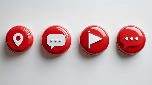 Red social media icons location chat play message on white background concept