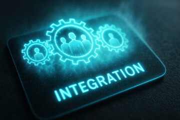 Integration teamwork concept with glowing gears and people icons in digital scene showcasing collaboration and connection