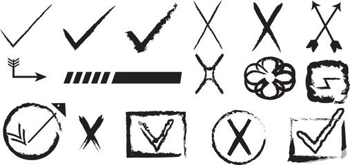 Hand-Drawn Grunge Vector Check Mark and Cross Symbols Representing Yes, No, and Decision Making © Belayet