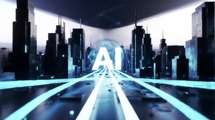 AI Cityscape with glow lines symbolizing data transfer. Use Futuristic technology concepts - Powered by Adobe