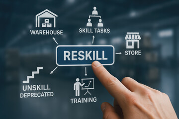 Reskill concept showing training tasks store warehouse and progression elements in a professional graphic with a pointing emphasizing development and continuous improvement