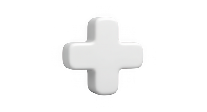 A simple white plus sign symbol isolated on a transparent background, representing addition, health, or a positive choice