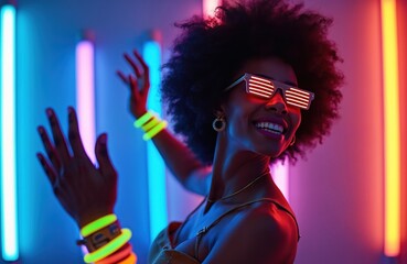 Afro woman in neon glasses dances under colorful lights. She wears glow bracelets, moves to music, enjoys night club vibe. Future fashion style, energetic party mood.