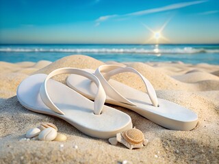 White flip flops resting on a sandy beach with the ocean and sky in the background