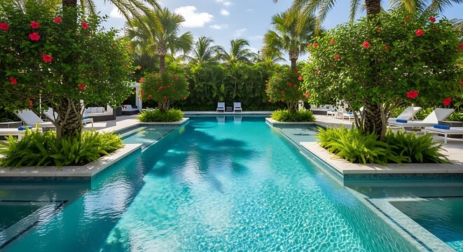 Luxury resort swimming pool with palm trees and tropical plants for relaxation and vacation getaway