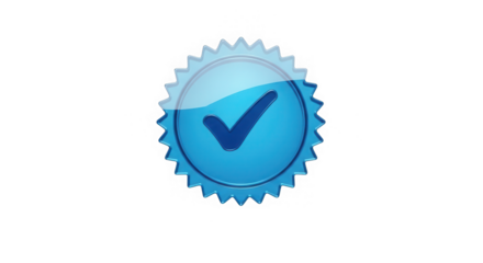 Blue glossy checkmark badge with starburst edges, isolated on transparent background