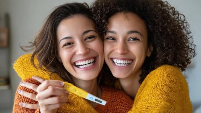 Joyful News Shared: Capturing the elation and shared happiness, two smiling women celebrate a positive pregnancy test, highlighting the bond of love and the anticipation of new beginnings.