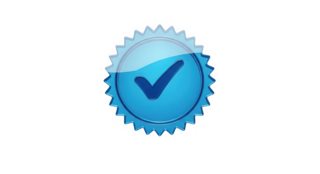 Blue glossy checkmark badge with starburst edges, isolated on transparent background