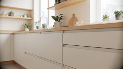 Modern minimalist kitchen featuring clean lines, wood accents, and natural light, perfect for showcasing interior design and serene living spaces