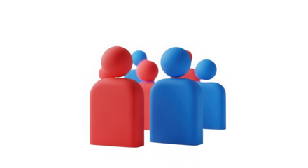 A group of stylized, abstract figures in red and blue, representing diversity and teamwork, isolated on transparent background