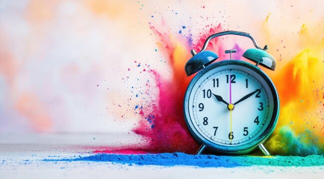 Colorful clock amidst powder explosion