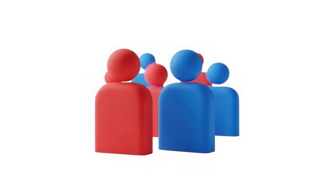 A group of stylized, abstract figures in red and blue, representing diversity and teamwork, isolated on transparent background