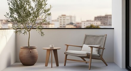 Fototapeta premium Balcony with Olive Tree Chair and Coffee Table Offering Relaxation and Urban Views at Sunset