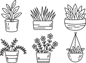 Potted plant line icon set with trailing, succulent, flowering, and leafy foliage in black vector style
