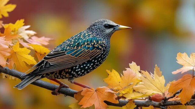 Starling Perched: An exquisite starling with a speckled plumage sits serenely on a branch adorned with vibrant autumn leaves, creating a tableau of nature's beauty and seasonal transition.