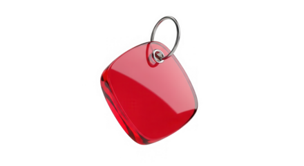 A single, shiny, red, abstract, geometric shape with a metal ring, isolated on transparent background