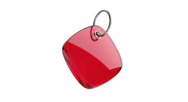 A single, shiny, red, abstract, geometric shape with a metal ring, isolated on transparent background