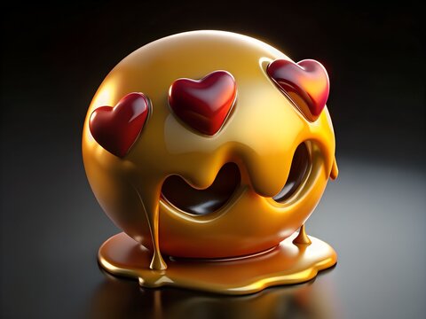 Golden melting emoji with hearts for eyes dripping liquid gold symbolizing love and affection - Powered by Adobe