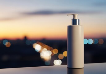 Minimalist Cosmetic Pump Bottle on Sunset Background – Skincare Product Mockup