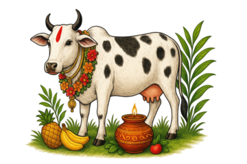 Decorated Indian cow with floral garland fruits traditional pot greenery and festive elements in colorful cultural illustration isolated on white background