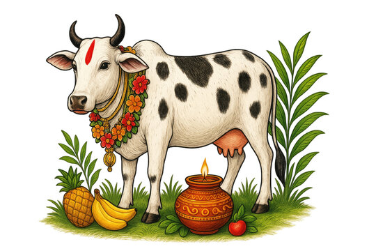 Decorated Indian cow with floral garland fruits traditional pot greenery and festive elements in colorful cultural illustration isolated on white background