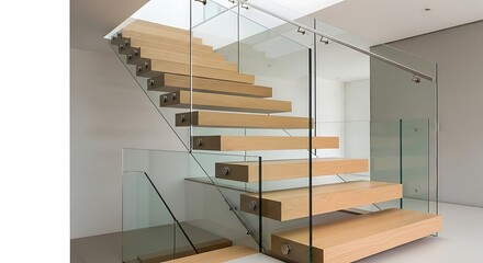 Modern staircase with wooden steps and glass railings offers a stylish architectural design