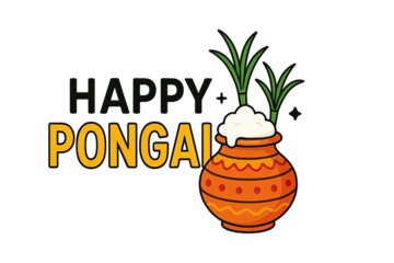 Happy Pongal festive pot illustration with overflowing rice sugarcane plants traditional celebration elements in vibrant cultural style isolated on white background
