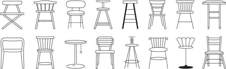 Stylized chair and stool silhouettes in black and white, 16 unique seating designs for furniture, interior, decor, graphic use