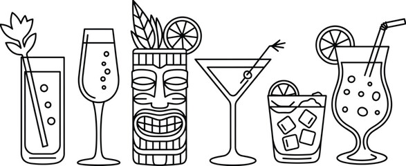 Stylized cocktail glass vector set with unique drinks, garnishes, and barware for beverage design, hospitality, and menu themes