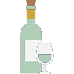 A minimalist vector illustration of a pale green wine bottle with a cork stopper and gold accent next to a clear wine glass filled with pale green liquid on a transparent background