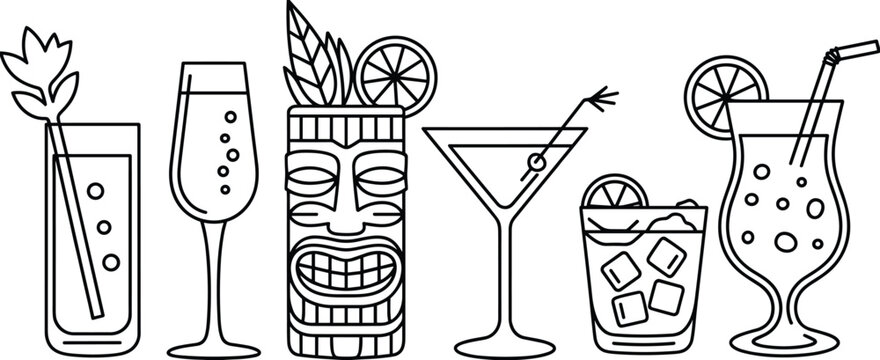 Stylized cocktail glass vector set with unique drinks, garnishes, and barware for beverage design, hospitality, and menu themes