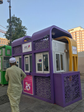 MEDINA, KINGDOM OF SAUDI ARABIA (KSA) - 26 MAY 2019: Saudi Telecom Company (STC) booth outside Nabawi mosque in Madinah, KSA. STC is the largest mobile operator in Saudi Arabia