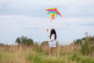 Girl enjoying a colorful kite on a sunny day in a grassy field