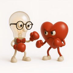 Idea vs Emotion: Smart Lightbulb Character Fighting Heart Character in Boxing Gloves
