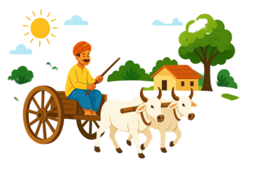 Rural farmer riding traditional bullock cart on village road with green hills trees sunshine and countryside landscape illustration isolated on white background