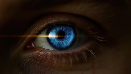 A dramatic macro shot of a vibrant blue human eye with a horizontal golden beam of light scanning across the pupil.