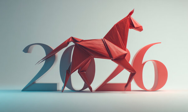 Origami Horse with 2026 year, a symbol of artistic craftsmanship and future.