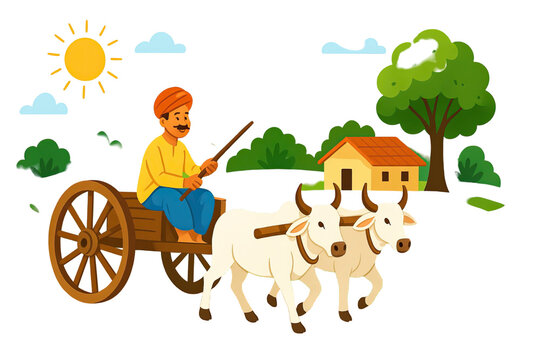 Rural farmer riding traditional bullock cart on village road with green hills trees sunshine and countryside landscape illustration isolated on white background