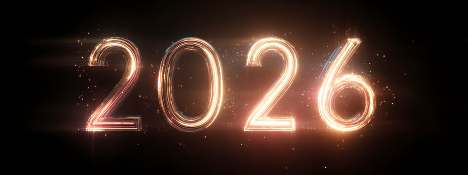 Illuminated '2026' with glowing light trails against a dark backdrop.