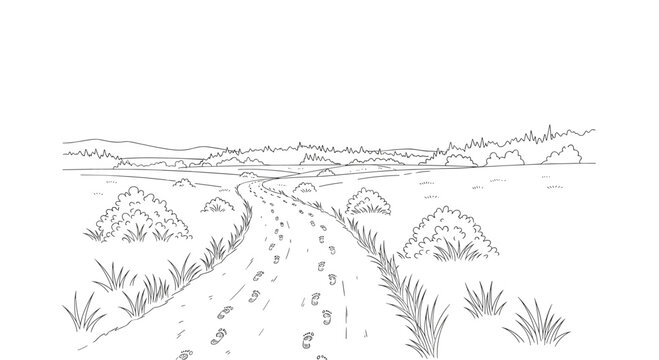 A winding dirt path leads through a grassy field towards distant rolling hills and a treeline under a clear sky, creating a peaceful rural landscape.